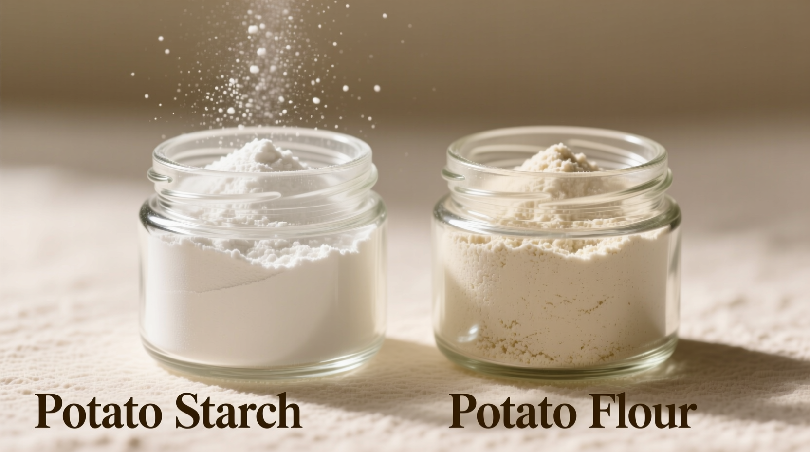 Close-up comparison of potato starch and potato flour in jars