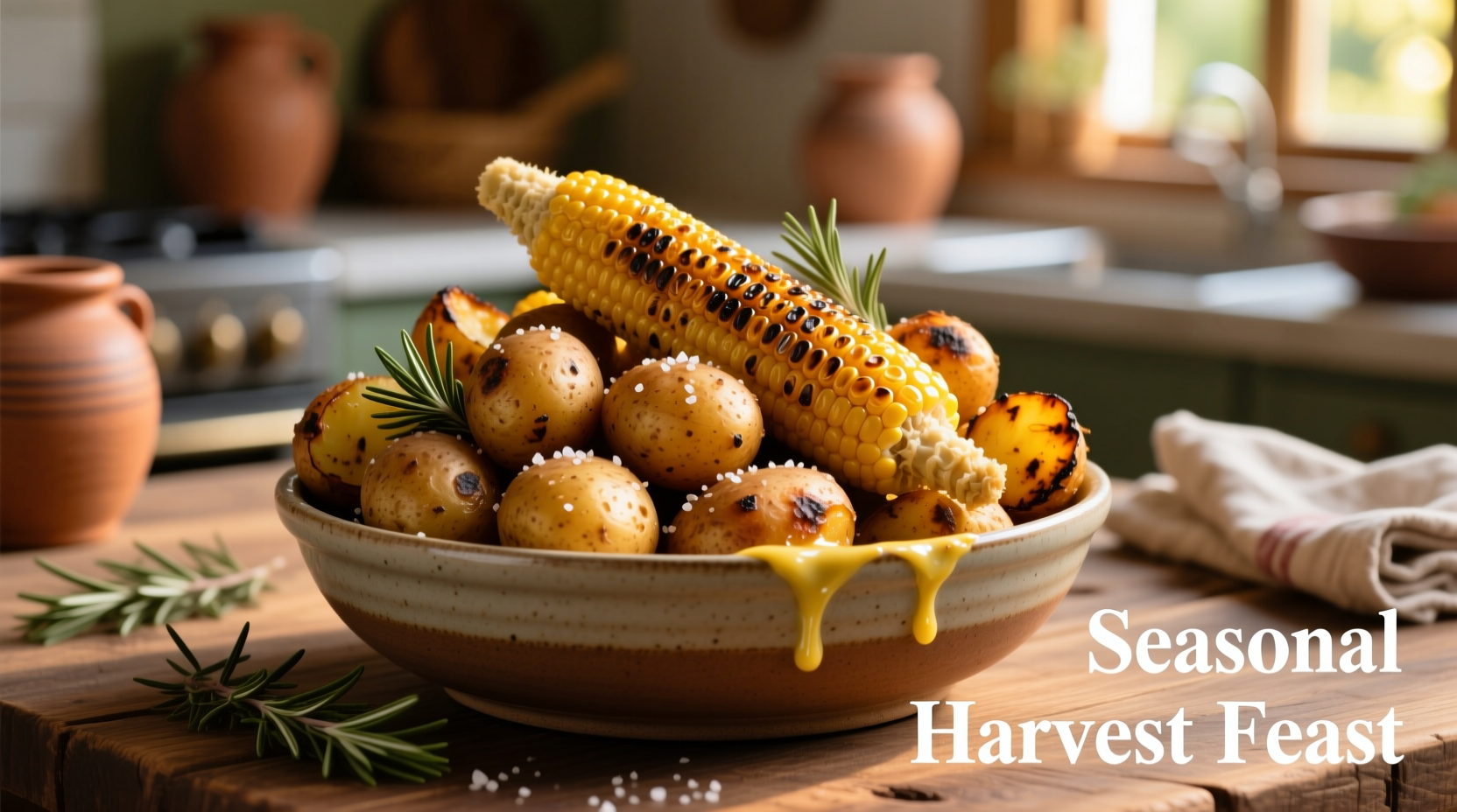 Colorful bowl of roasted potatoes and grilled corn