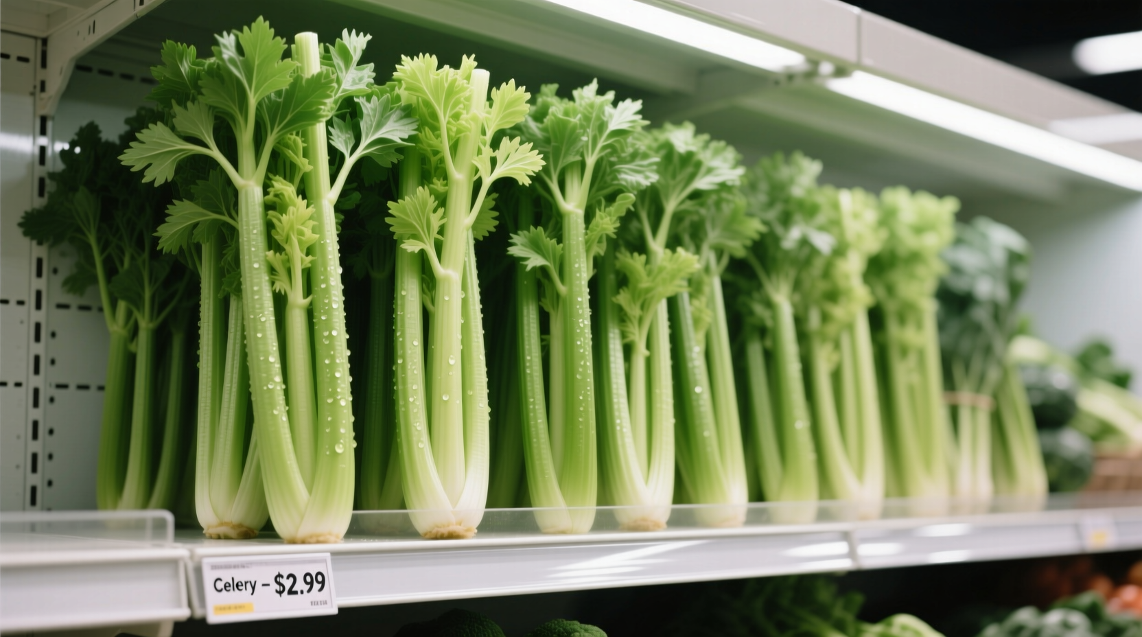 Fresh celery stalks on grocery store shelf