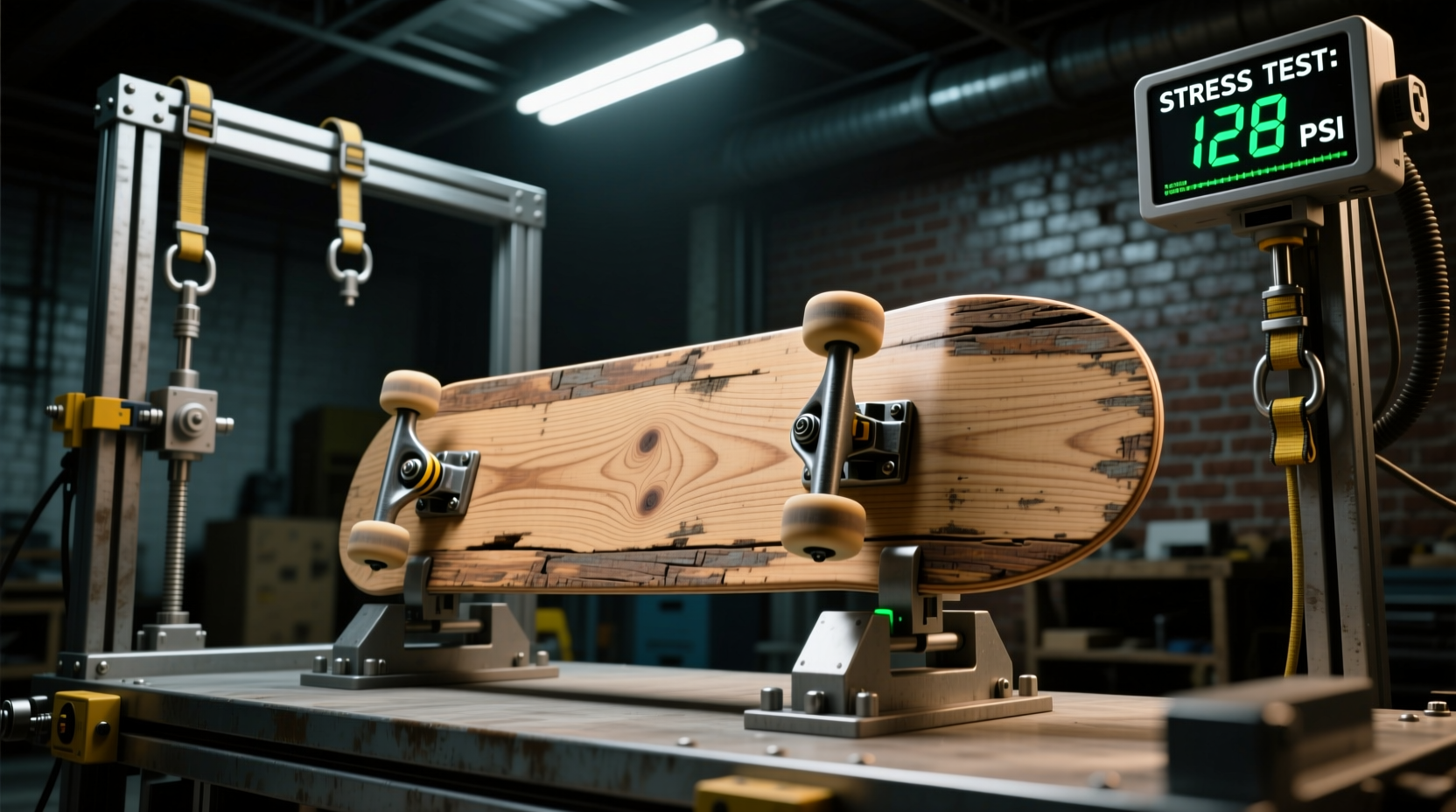 Completed reclaimed wood skateboard with safety testing setup