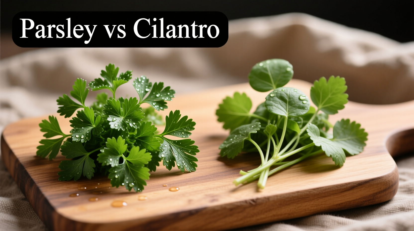 Side-by-side comparison of fresh parsley and cilantro leaves