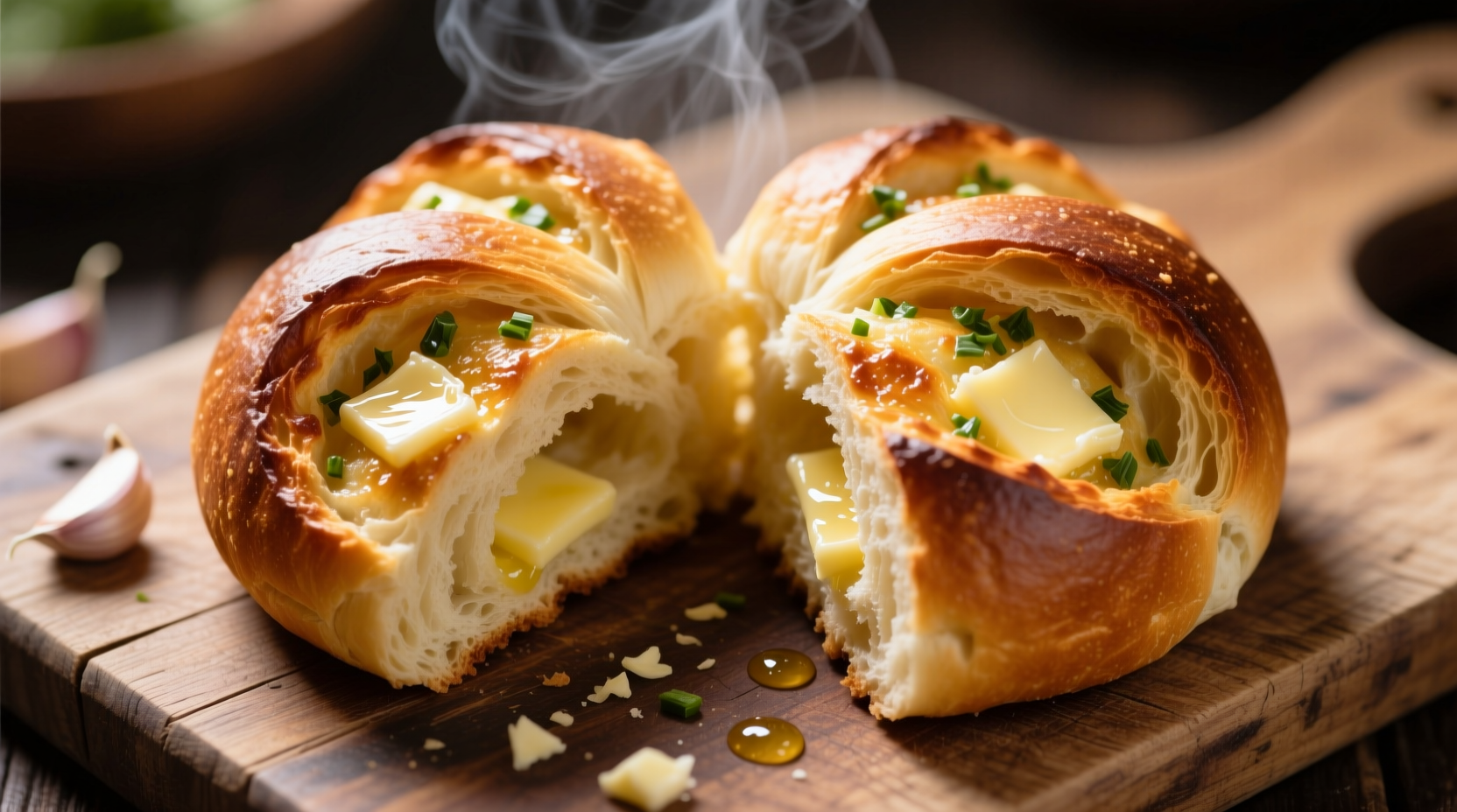 Golden pull apart garlic bread with visible layers
