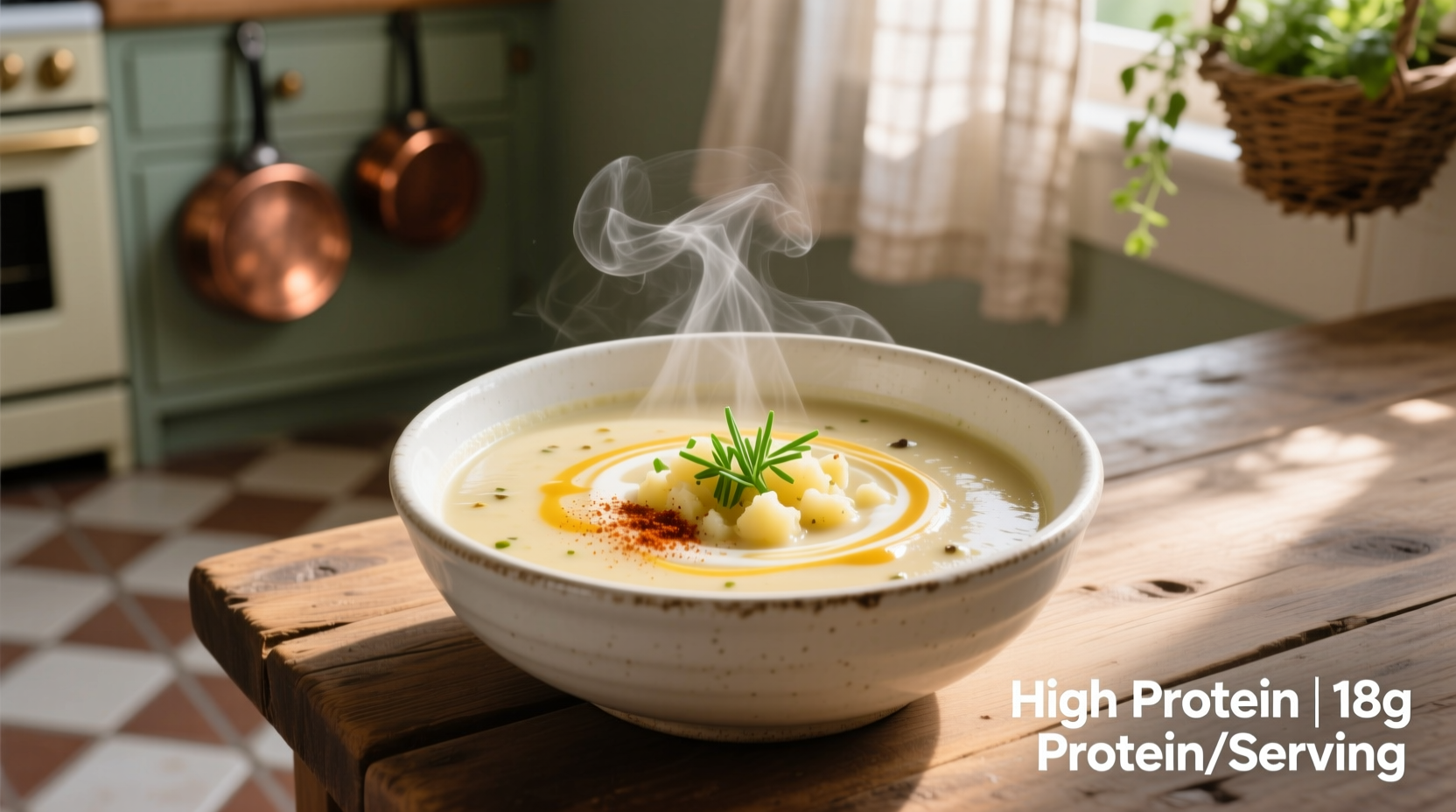 Creamy high protein potato soup in white bowl