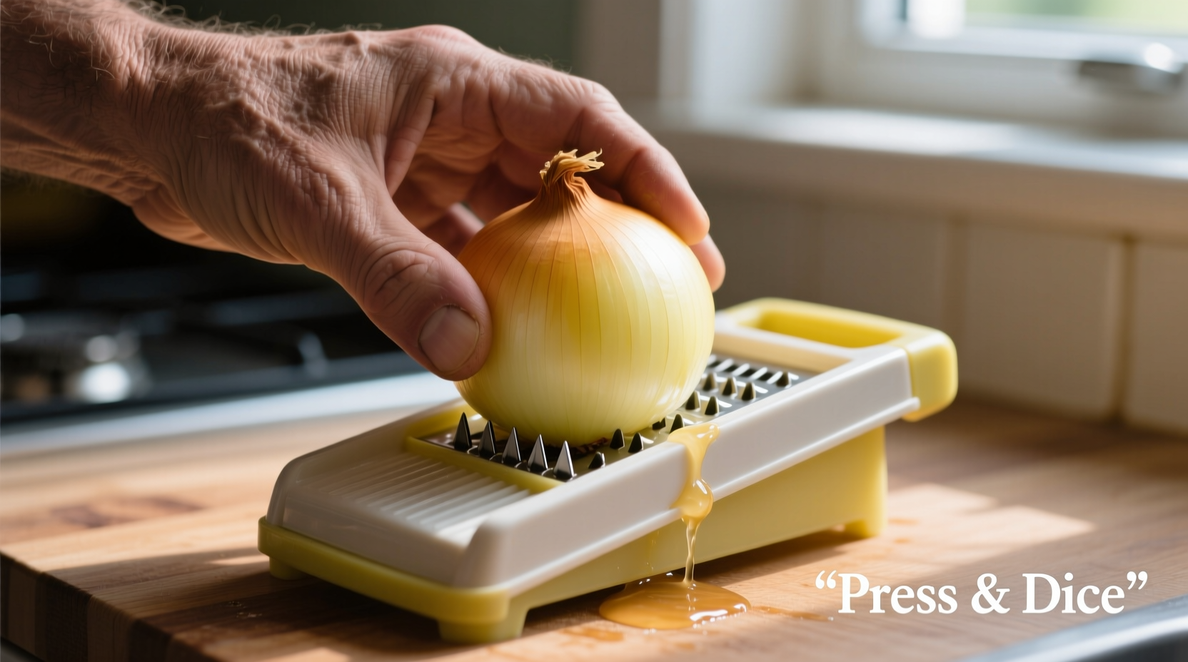Hand pressing onion into manual dicer tool