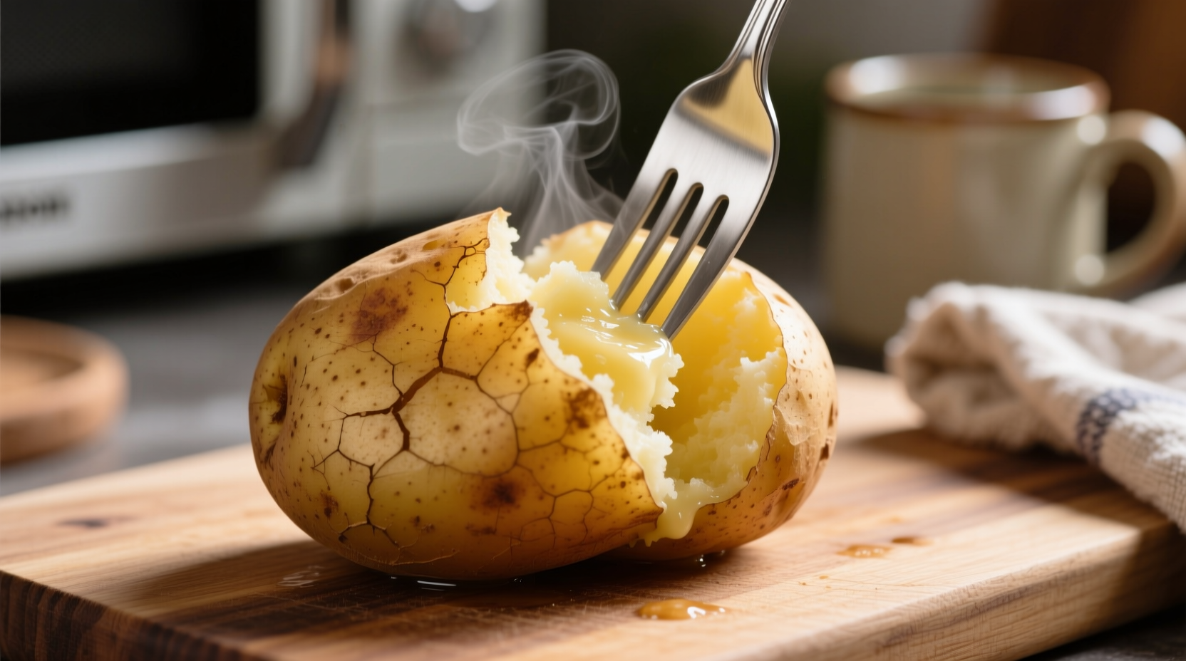 Perfectly cooked microwave potato with fork showing tenderness