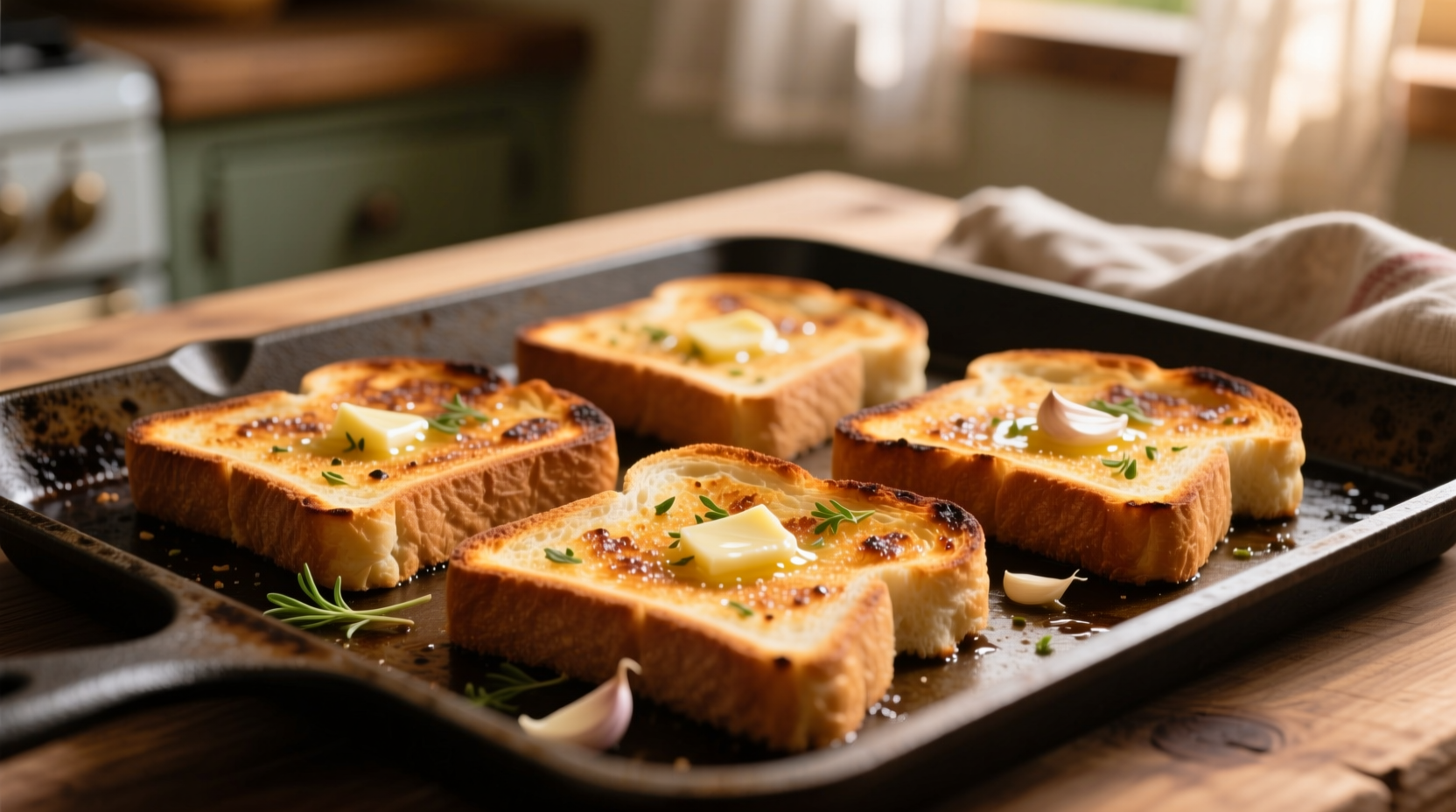 Golden brown garlic toast slices on baking sheet