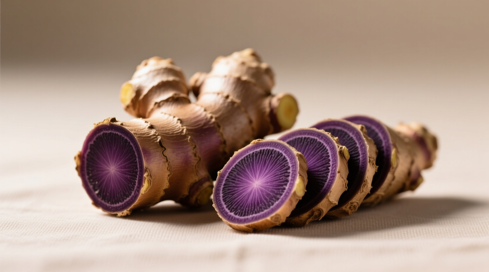 Fresh Thai black ginger rhizomes sliced to reveal dark purple core beside common ginger