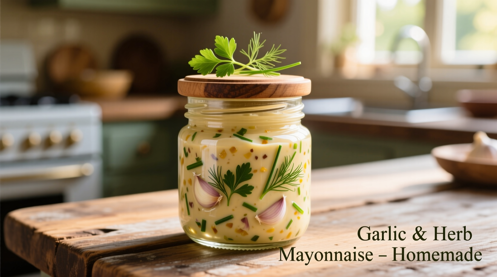 Homemade garlic mayonnaise in glass jar with fresh herbs