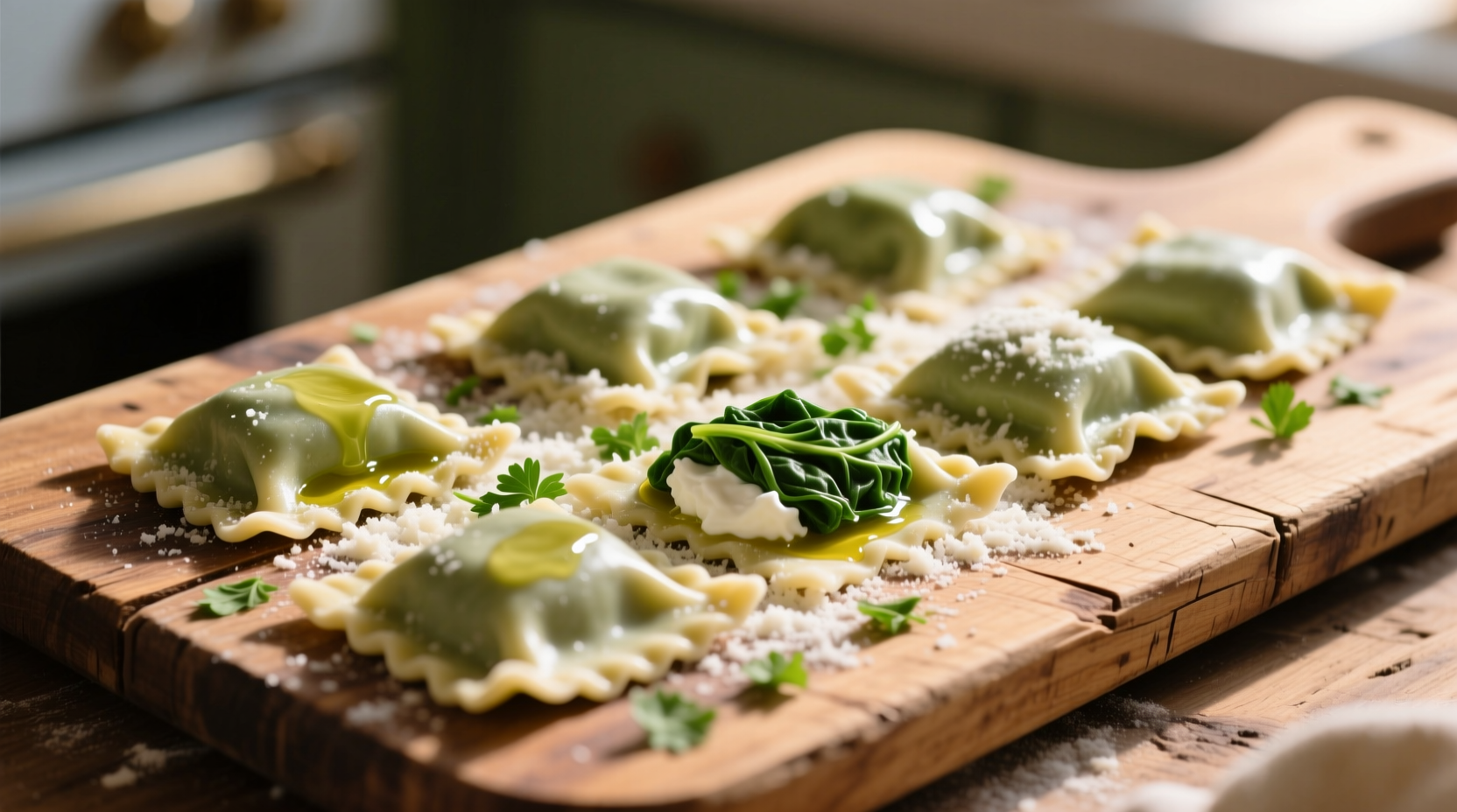 Homemade spinach ricotta ravioli on wooden board