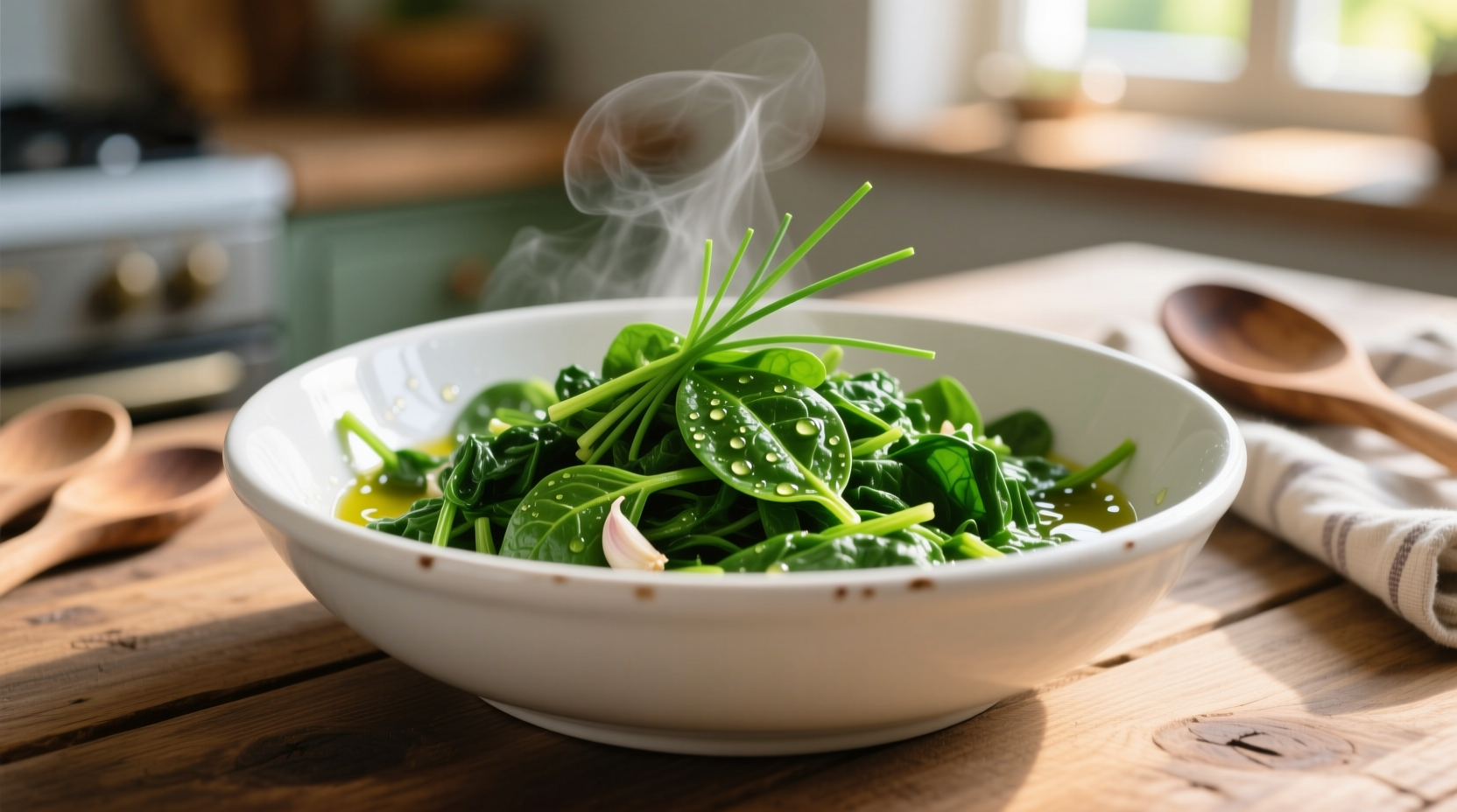 Vibrant green sauteed spinach in white ceramic bowl