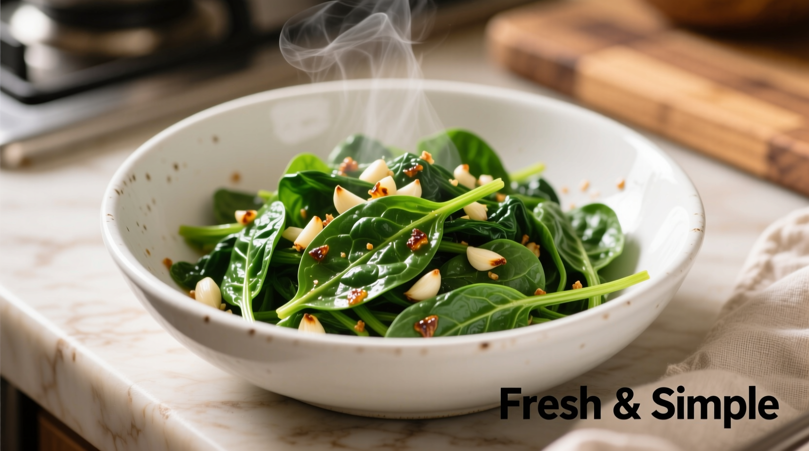 Fresh sautéed spinach with garlic in white bowl