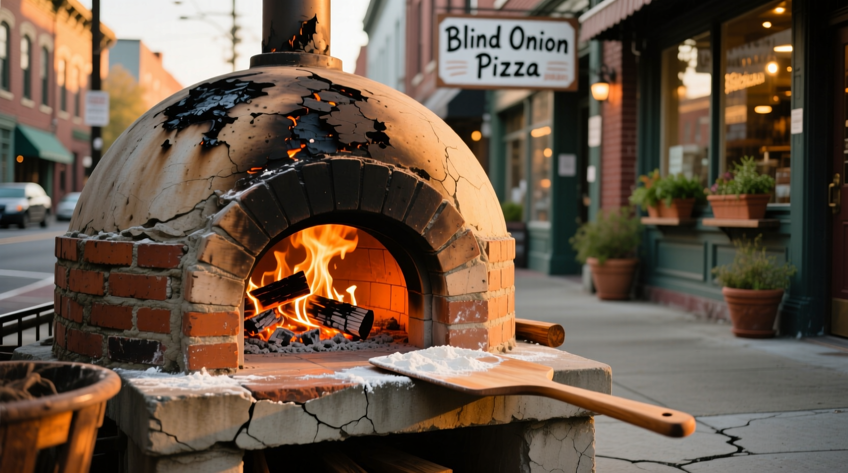 Wood-fired pizza oven at Blind Onion Pizza in Portland