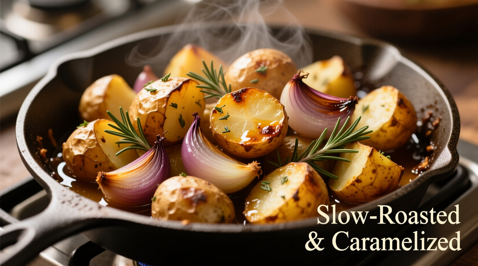 Golden roasted potatoes with caramelized onions on baking sheet