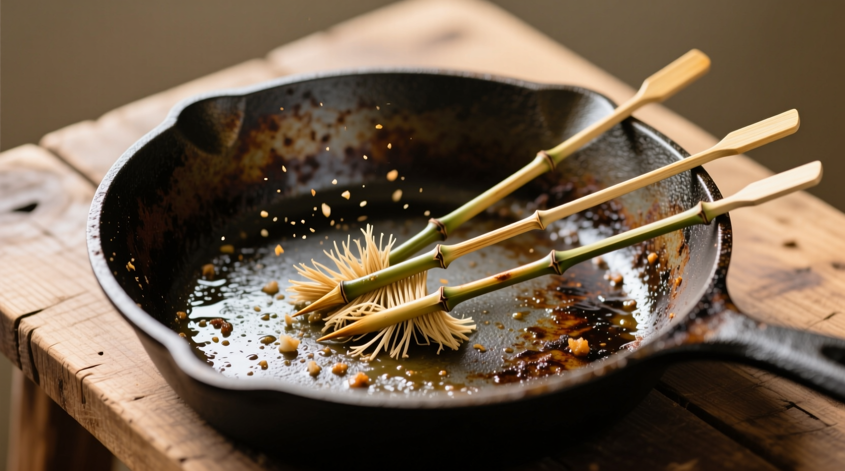 clean a cast iron skillet with bamboo skewers