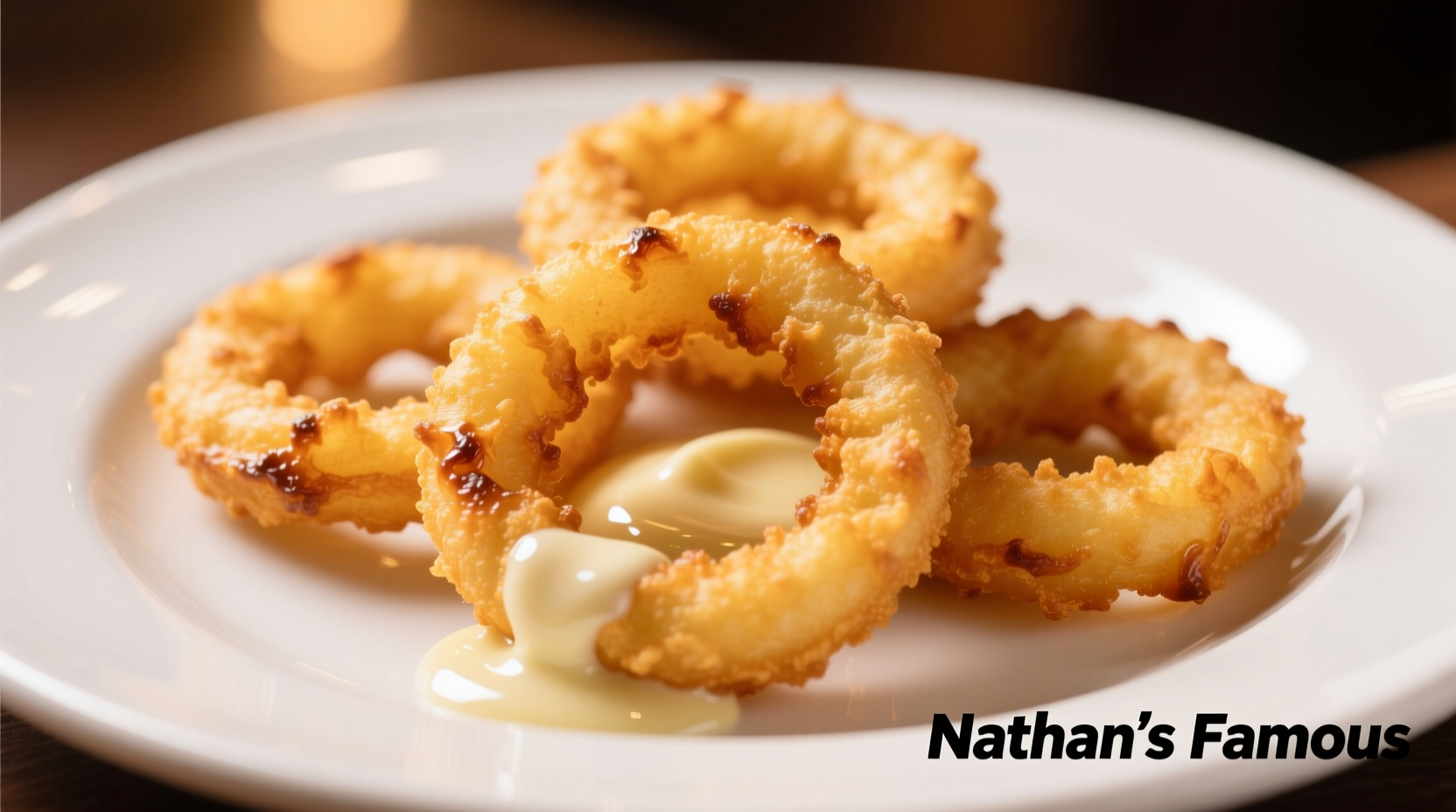 Golden Nathan's onion rings served on white plate