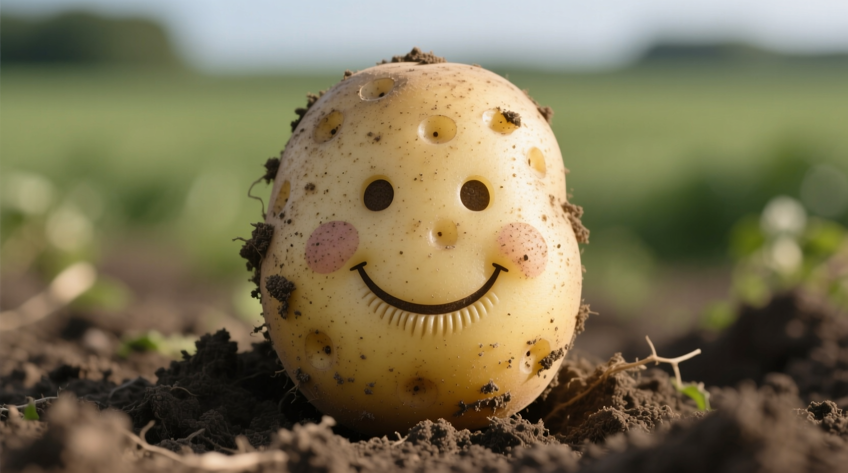 Potato with natural happy face pattern on skin