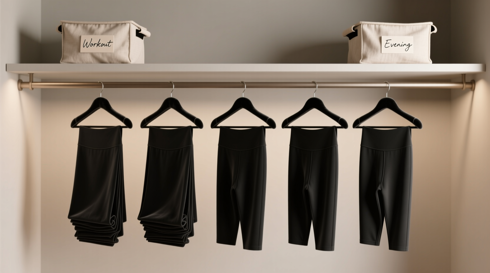 A minimalist closet rod showing seven pairs of black leggings hung evenly on velvet hangers, spaced with 3 inches between each, against a neutral backdrop; adjacent shelf holds two labeled cotton bins with visible fabric edges—no labels, no plastic, no visual clutter