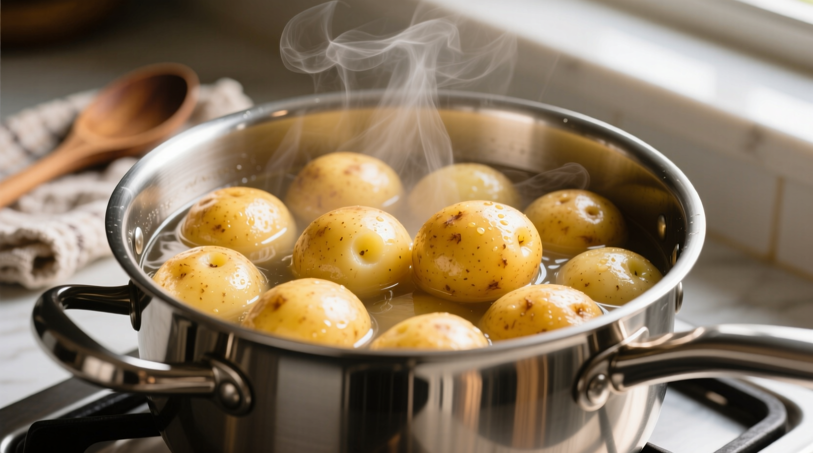 Perfectly boiled golden potatoes in a stainless steel pot