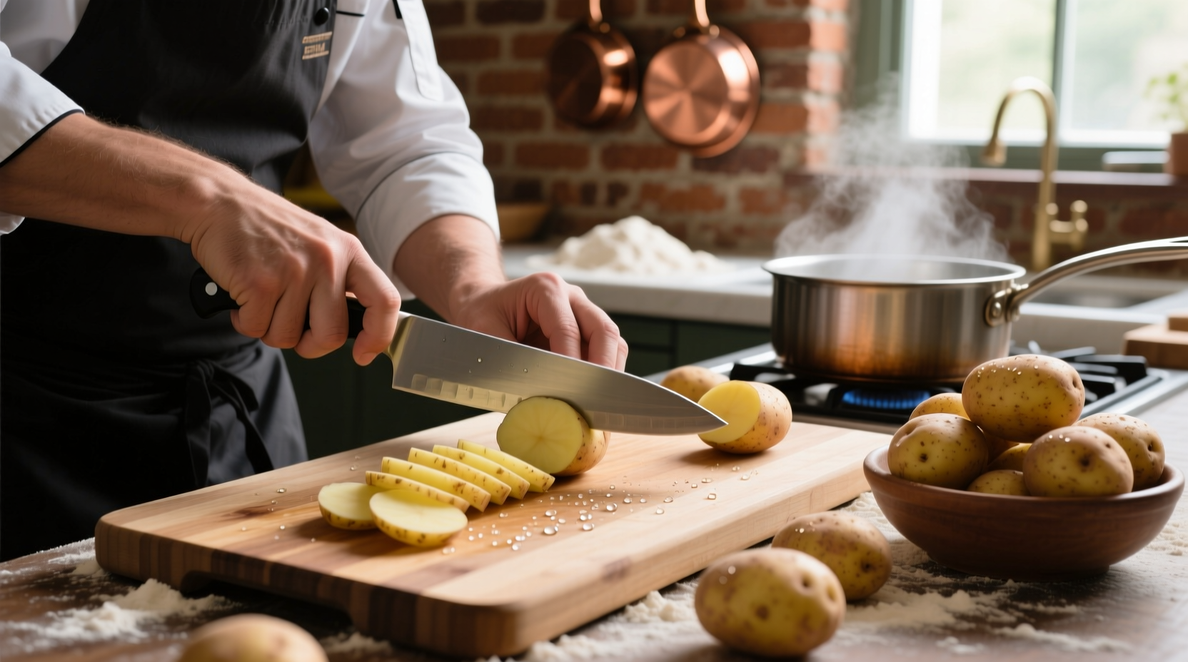 Chef preparing potatoes on cutting board