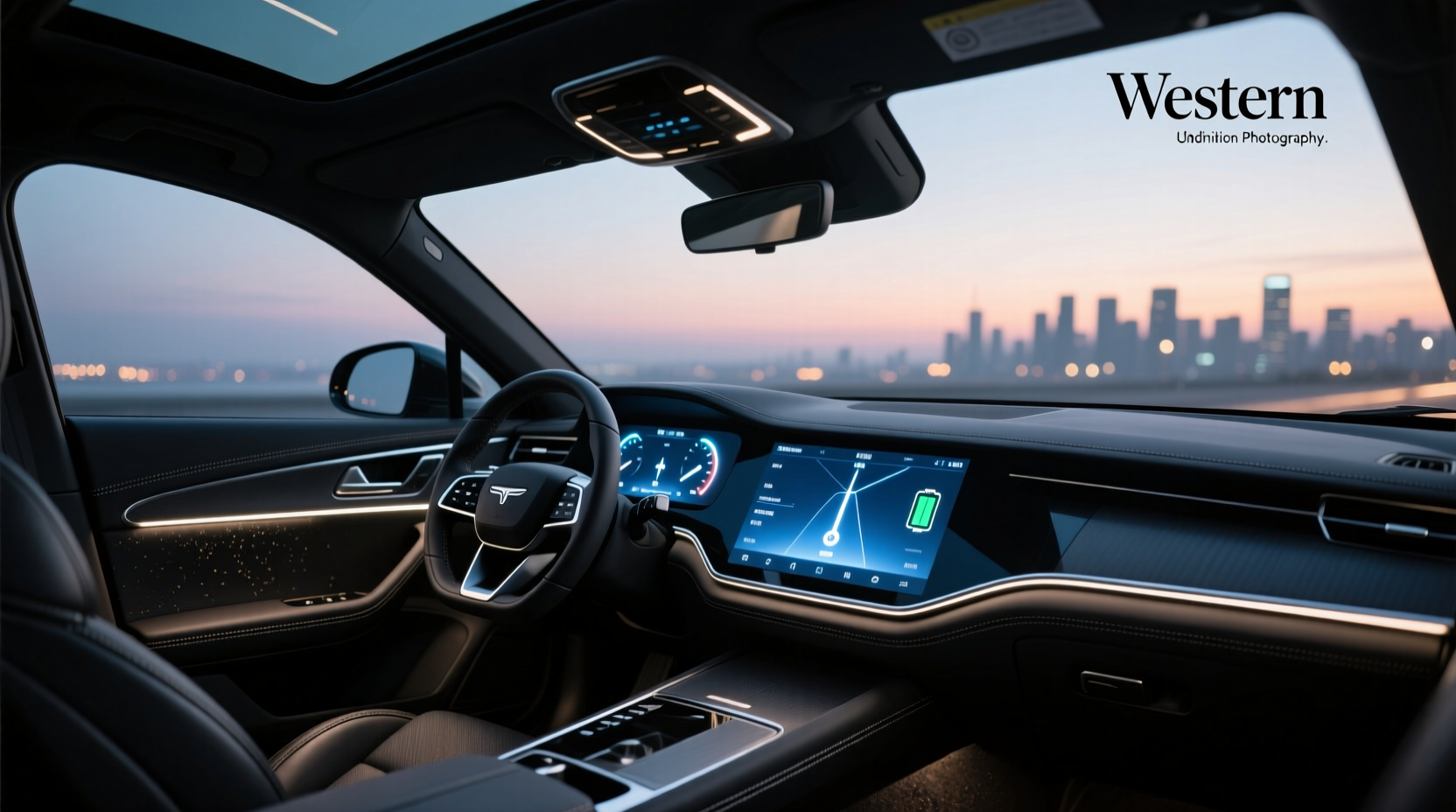Digital instrument cluster in a modern car showing speed, battery level, and navigation prompts