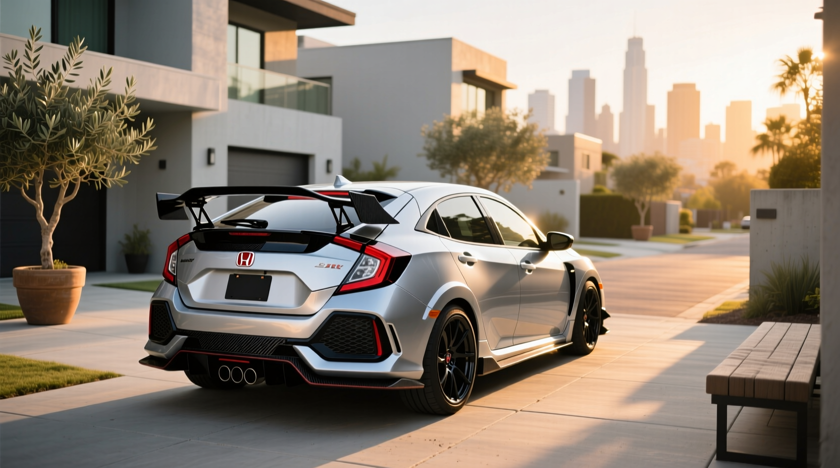 Close-up view of a gloss black duckbill spoiler on a Honda Civic hatchback