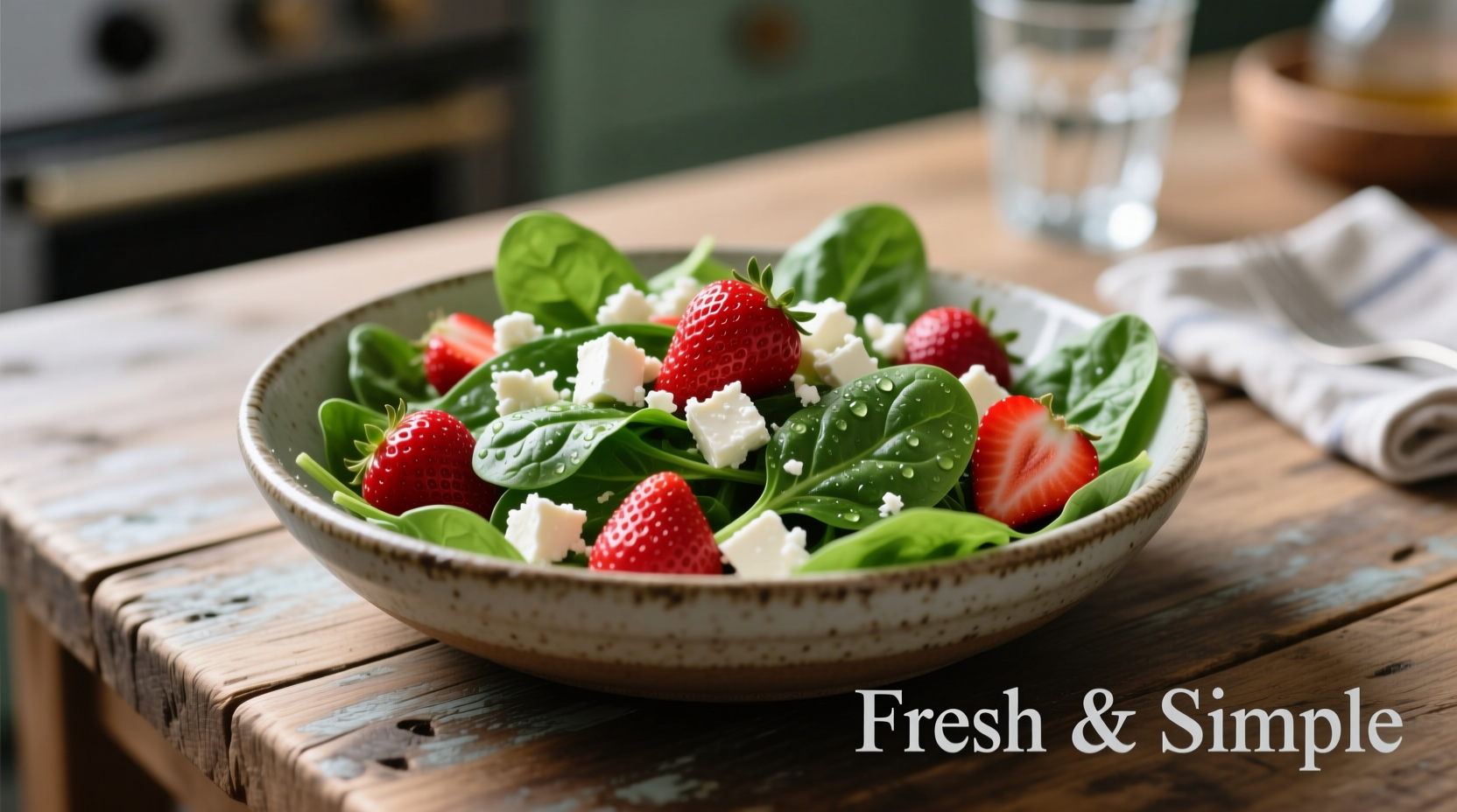 Fresh spinach strawberry salad with feta cheese in bowl