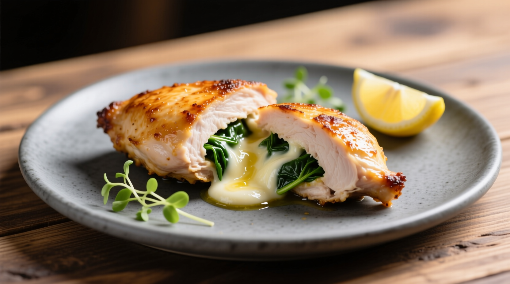 Perfectly cooked chicken breast stuffed with spinach and cheese