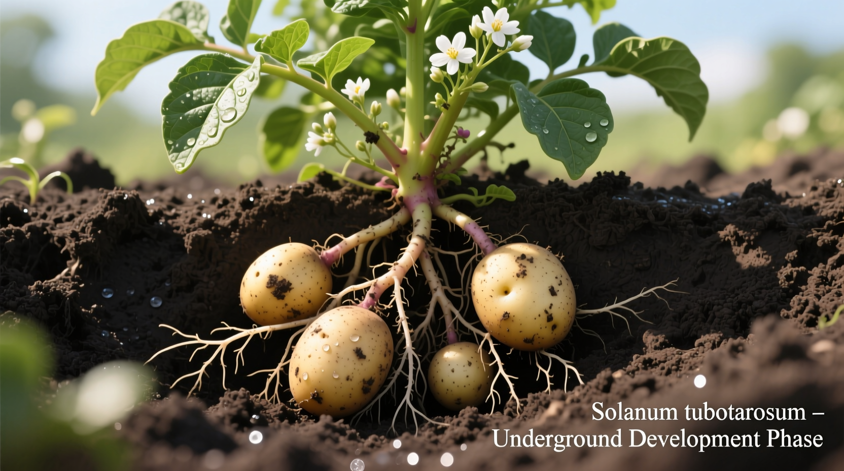 Potato plant showing tubers growing from underground stems