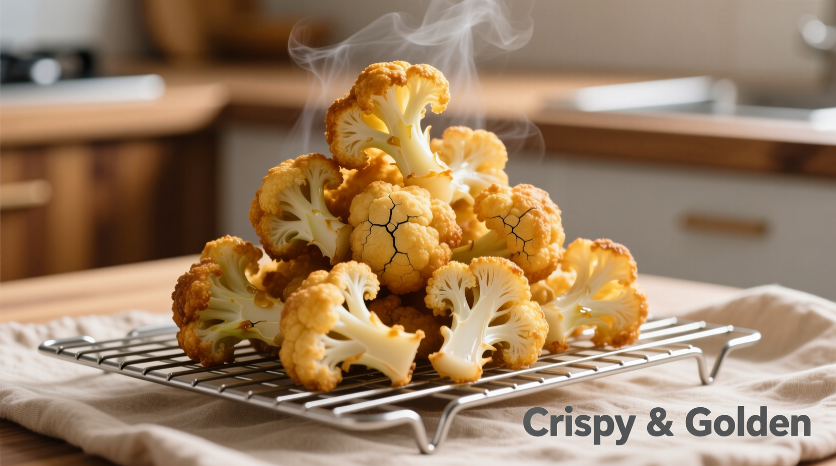 Golden deep fried cauliflower on wire rack