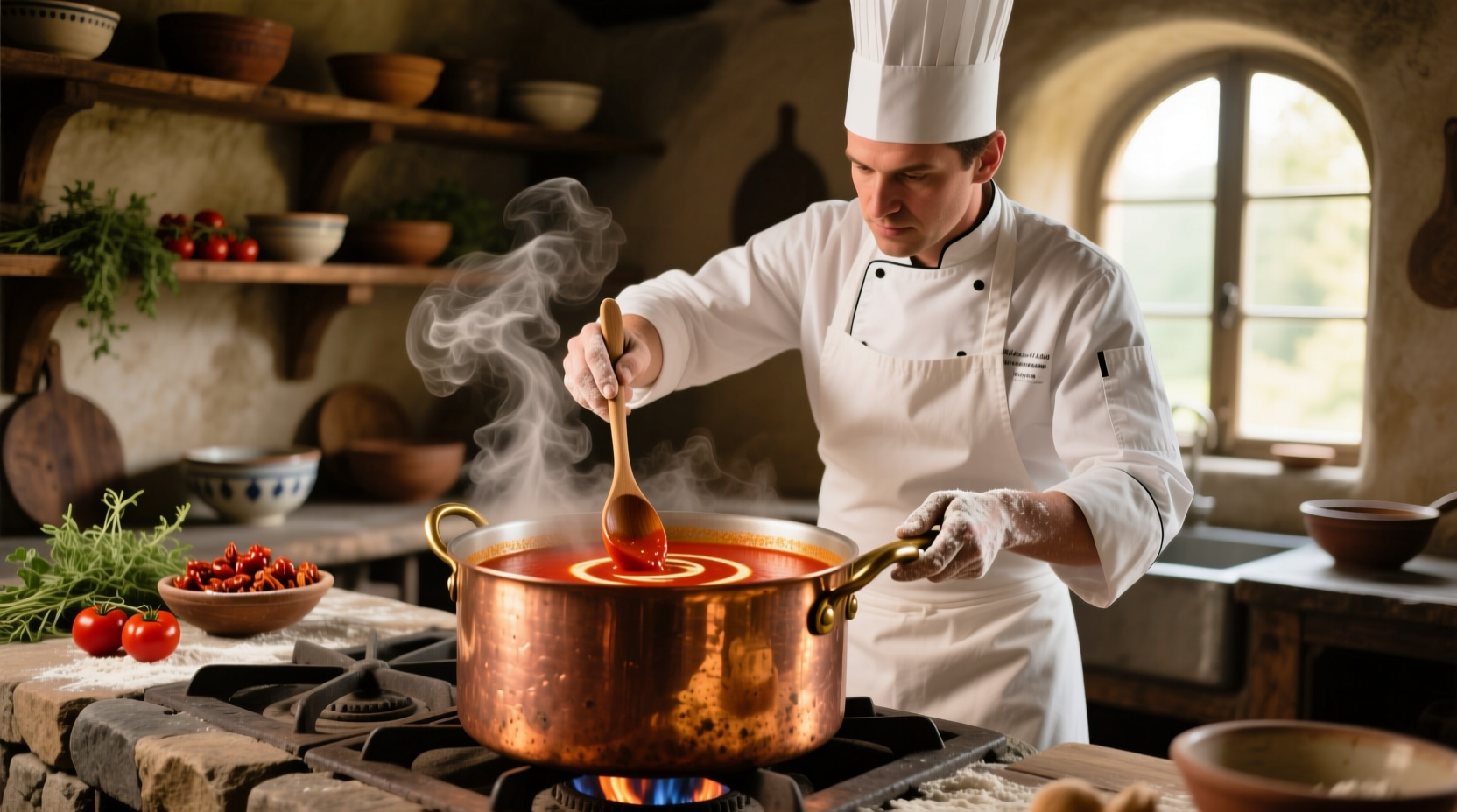 Chef preparing smooth tomato bisque in copper pot