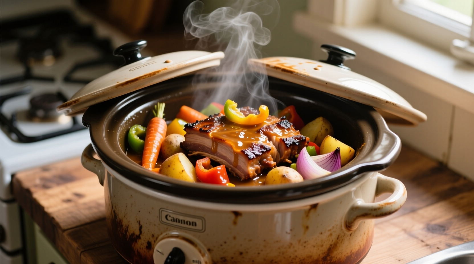 Slow cooker with tender pulled pork and vegetables