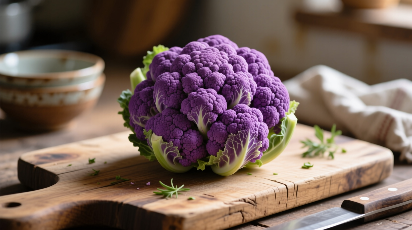 Fresh purple cauliflower head on wooden cutting board