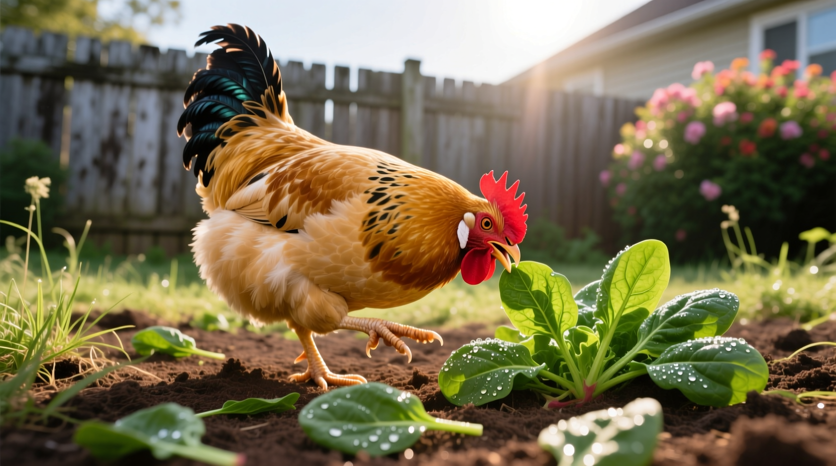 Chicken pecking fresh spinach leaves in backyard