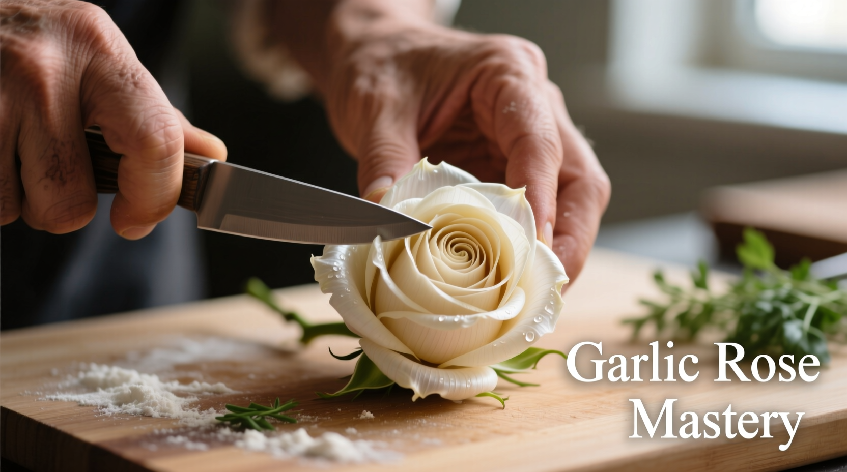 Hand creating garlic rose with precise knife cuts