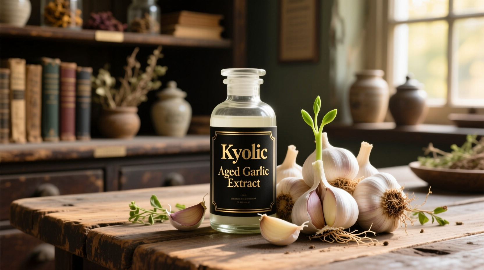 Kyolic aged garlic extract bottle with fresh garlic