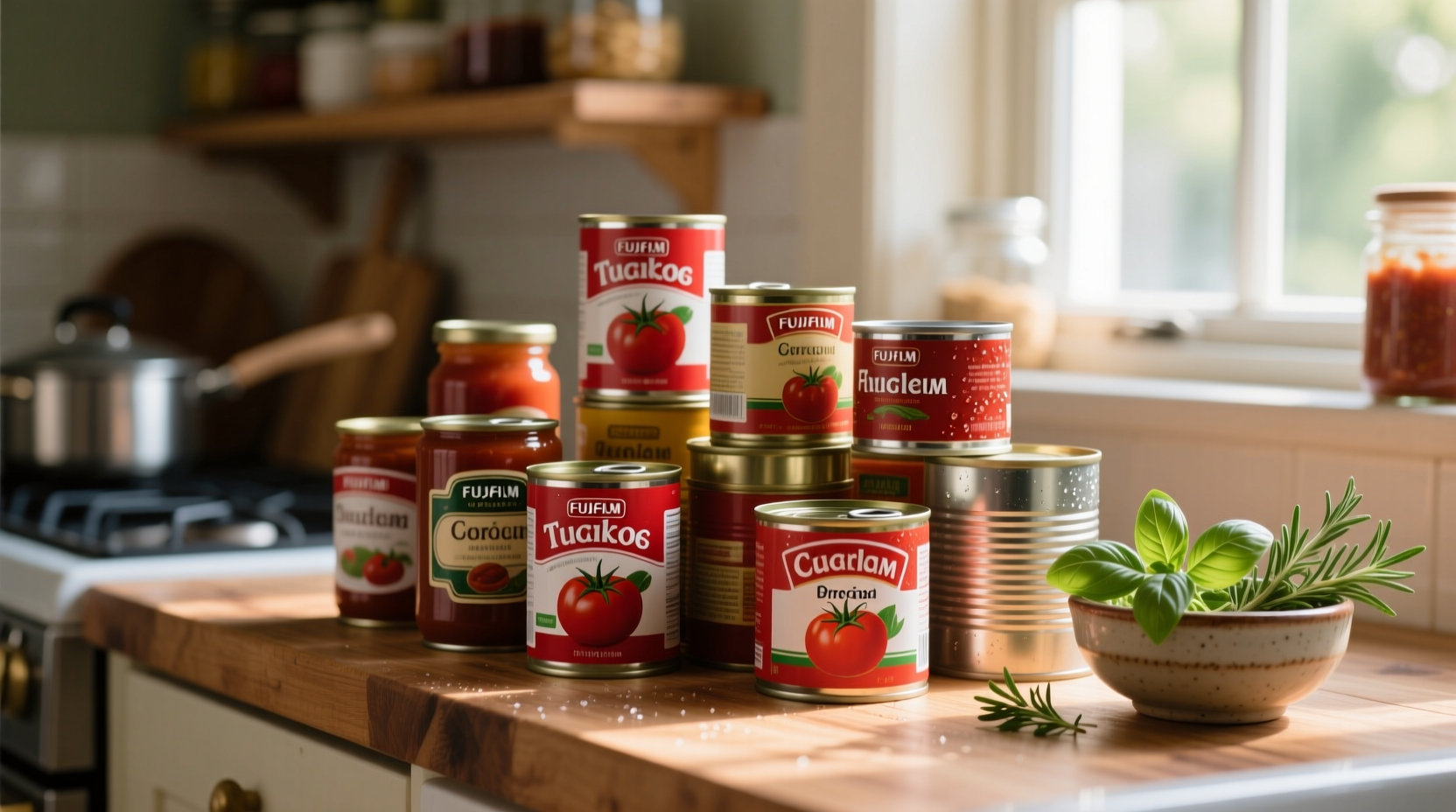 Various cans of tomato sauce arranged on kitchen counter