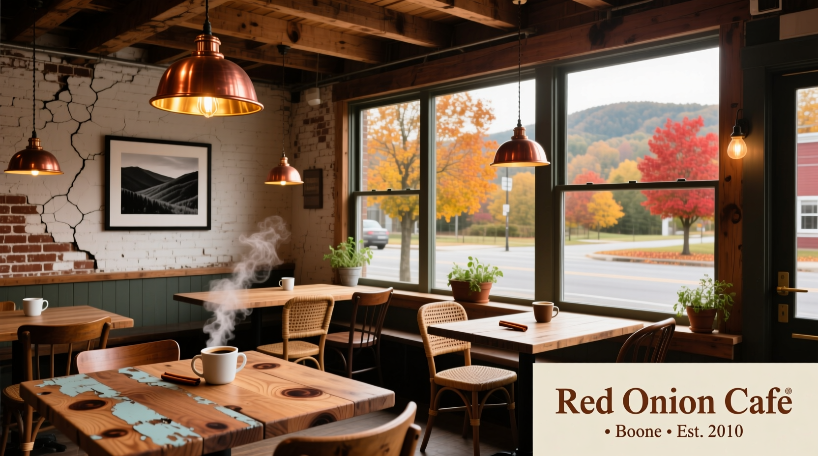 Red Onion Cafe Boone interior with rustic wooden tables