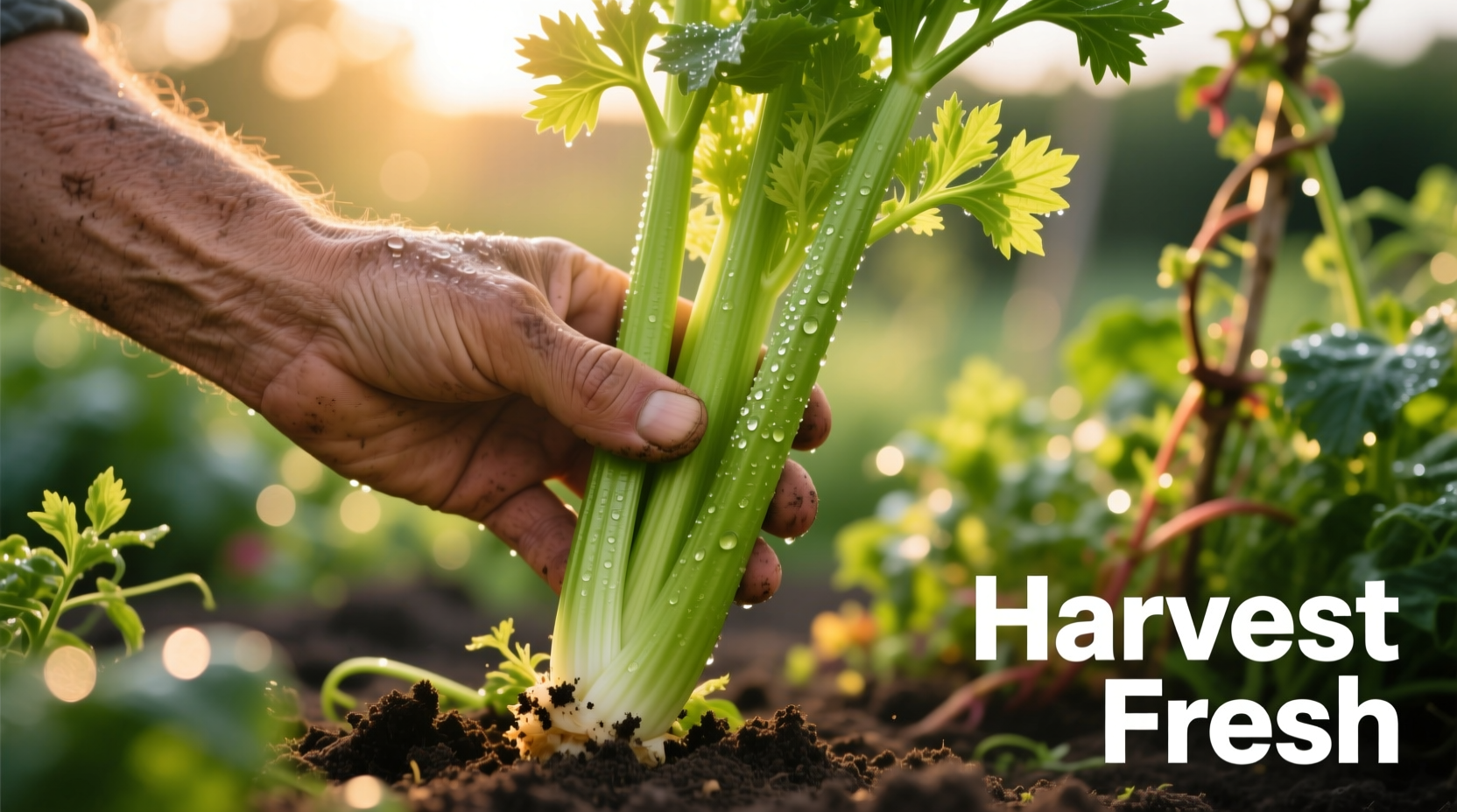 Close-up of hand harvesting celery stalks from garden
