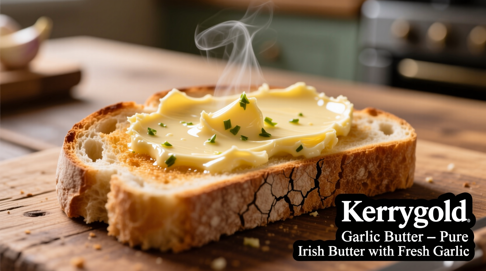 Kerrygold garlic butter spread on warm bread