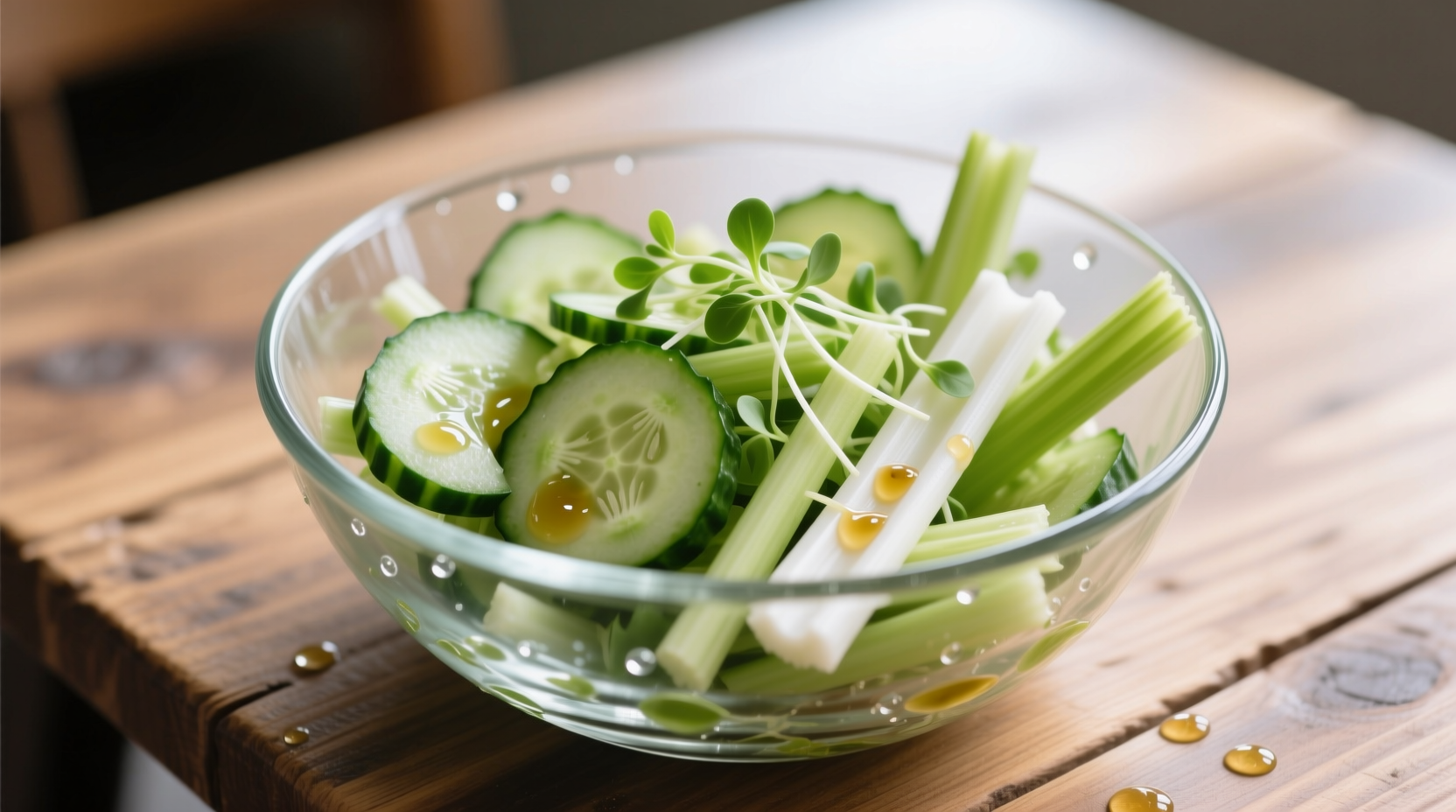 Fresh cucumber celery salad in glass bowl