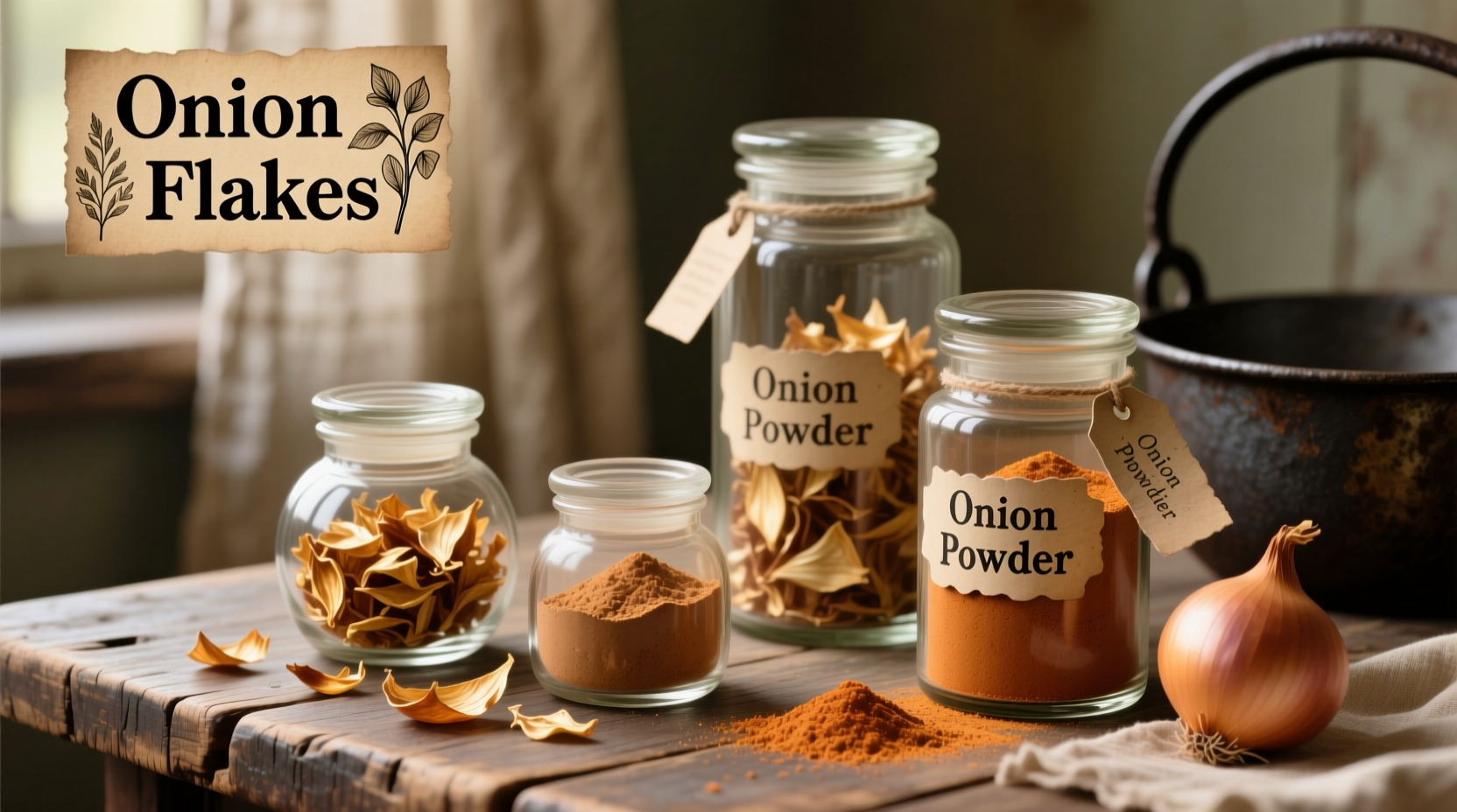 Dried onion flakes and powder in glass jars