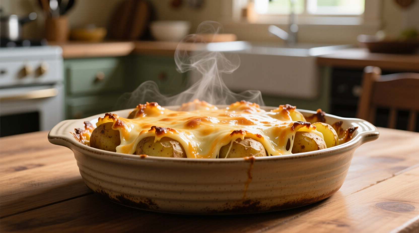 Creamy cheesy potatoes in baking dish with melted cheese topping