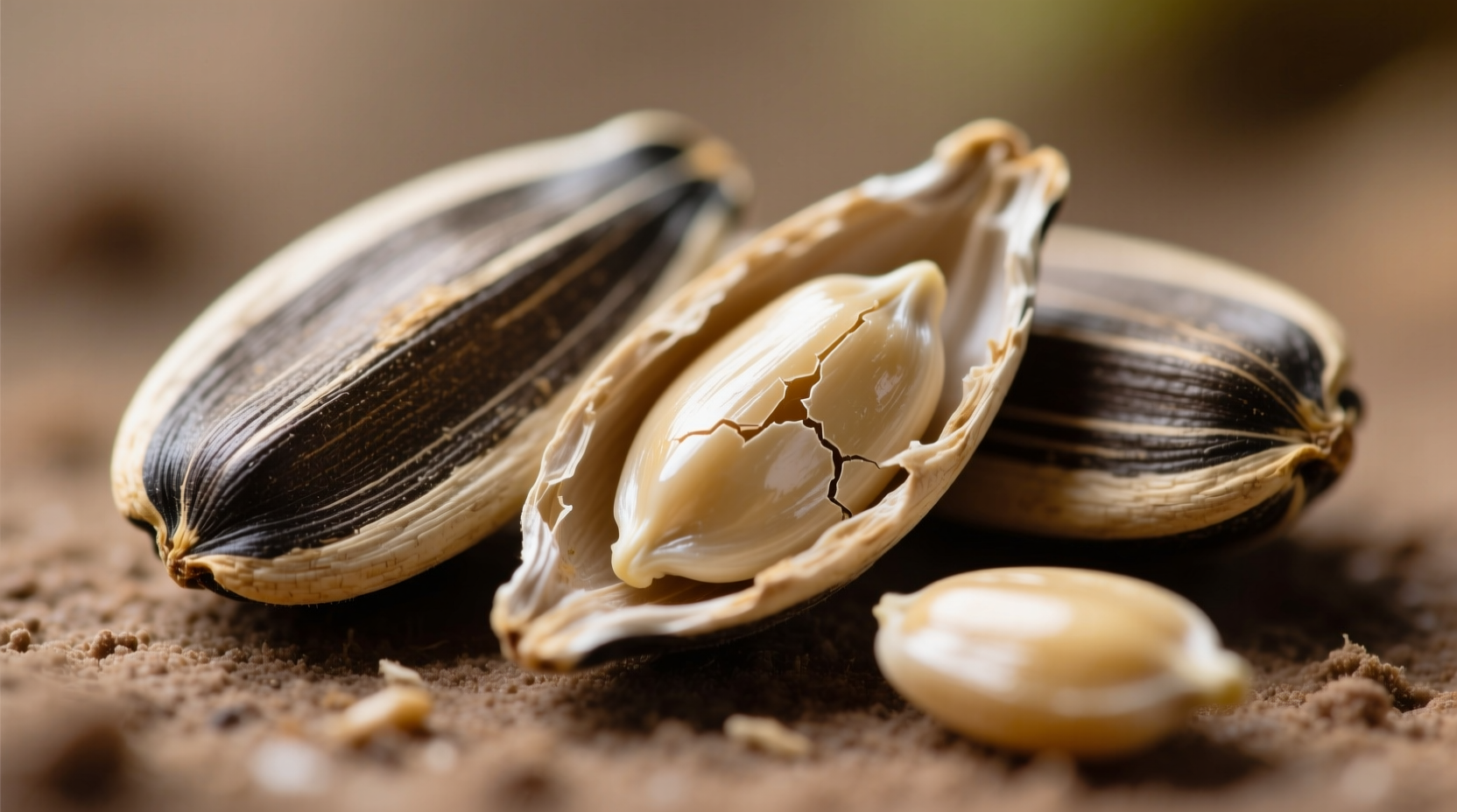 Close-up of sunflower seeds with shells separated from kernels
