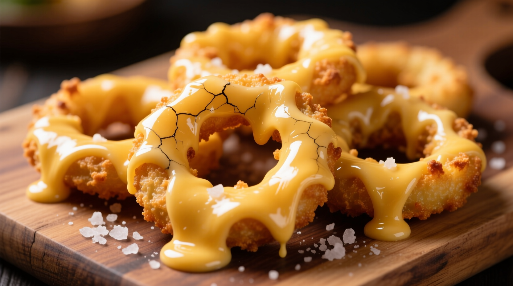 Golden keto onion rings with melted cheese coating