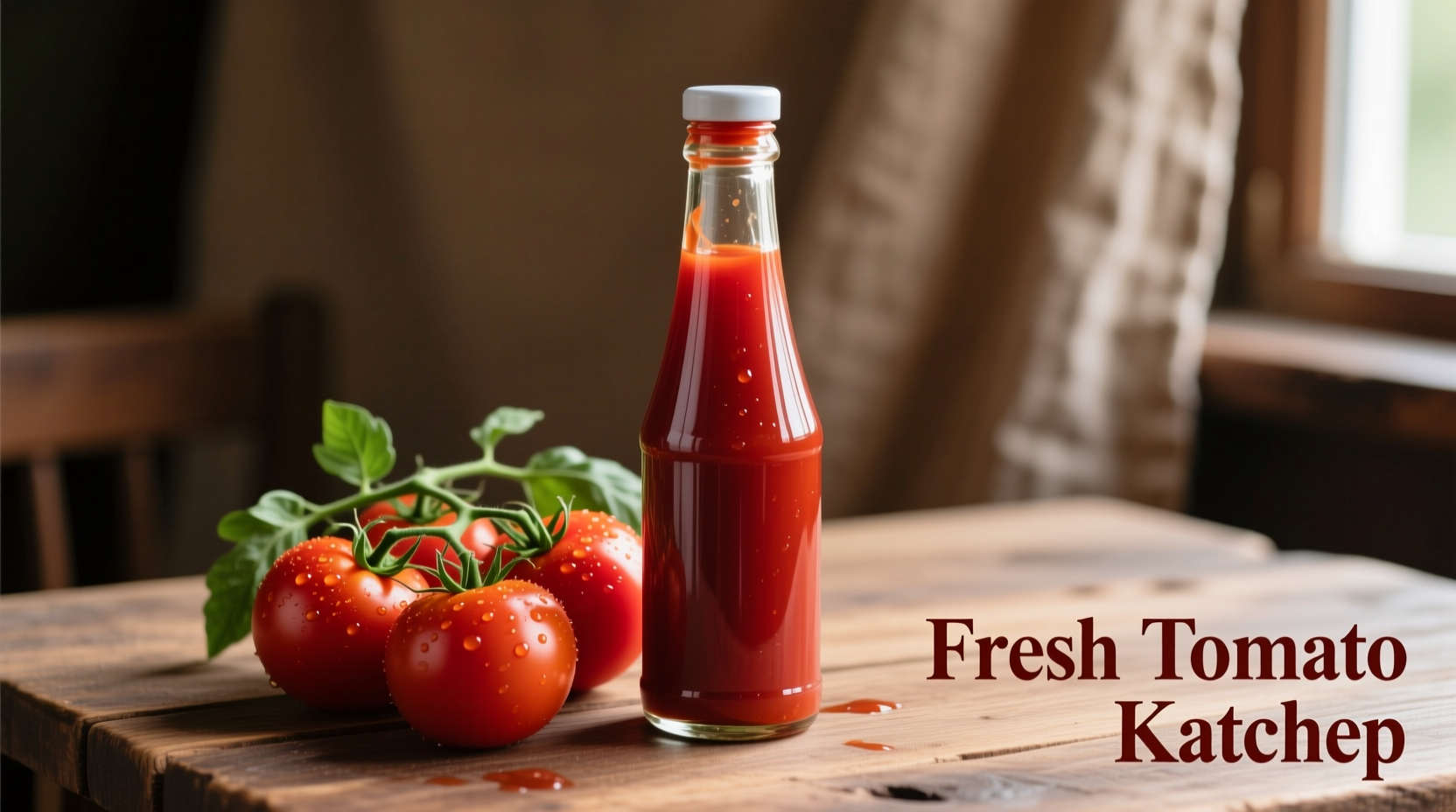 Tomato ketchup bottle with fresh tomatoes