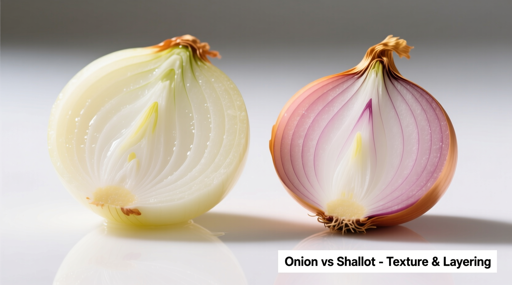 Close-up comparison of sliced onion and shallot