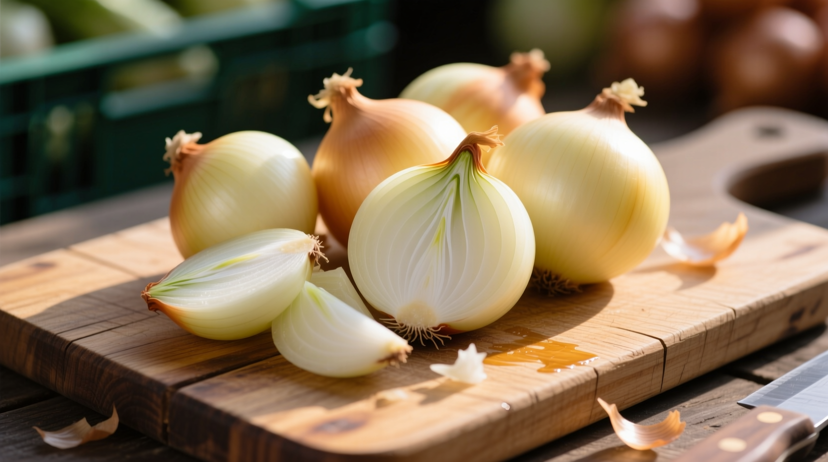 Fresh sweet onions with pale yellow skin on wooden cutting board