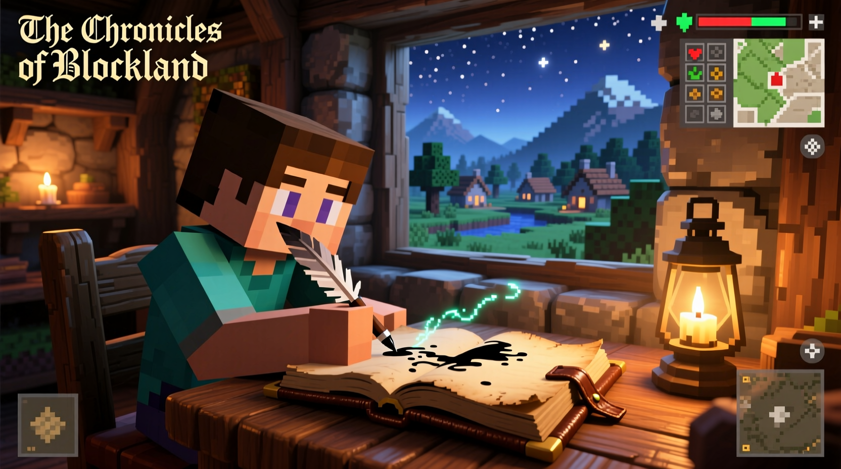 Player using book and quill to write in Minecraft game interface