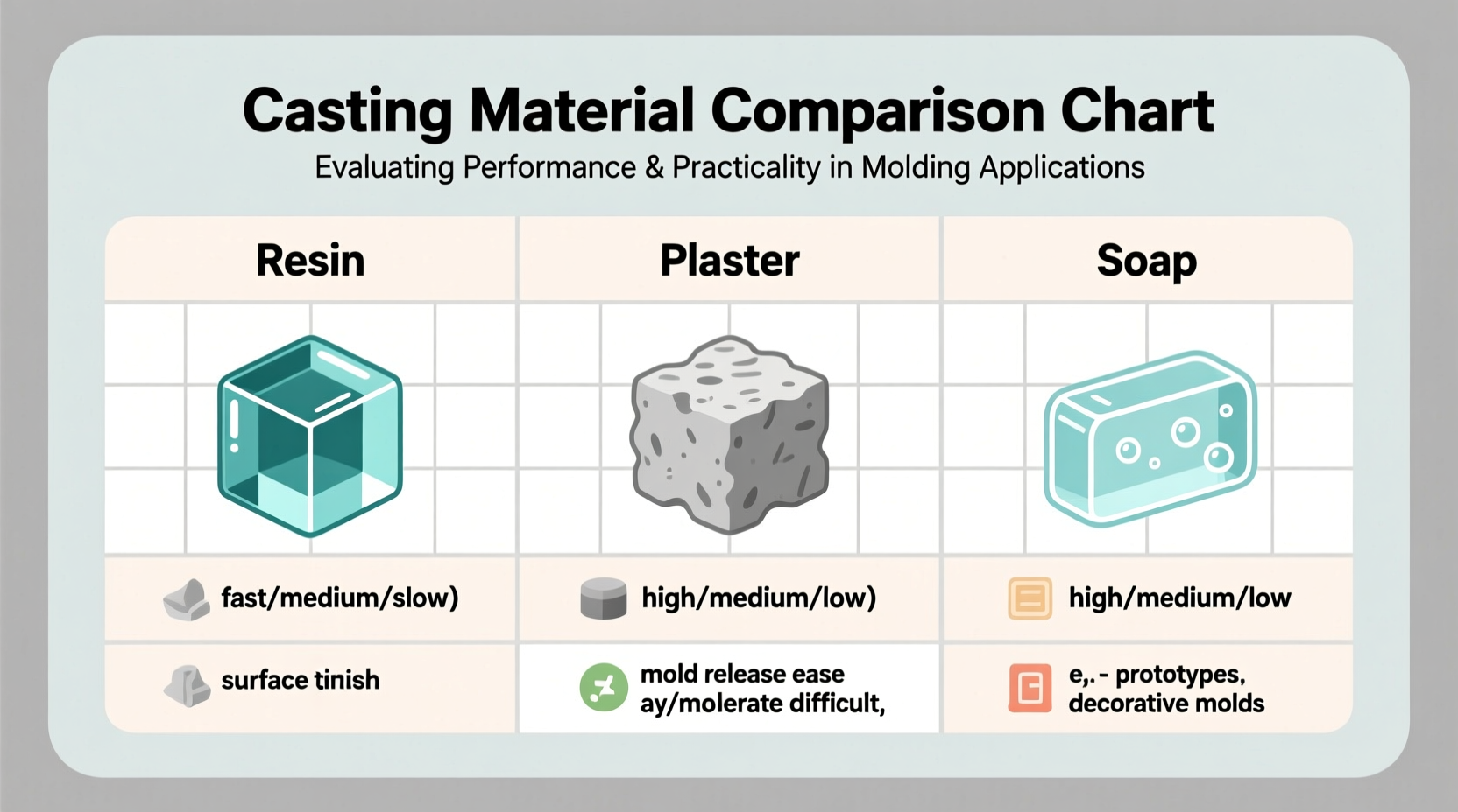 Craft casting materials comparison chart with resin plaster and soap