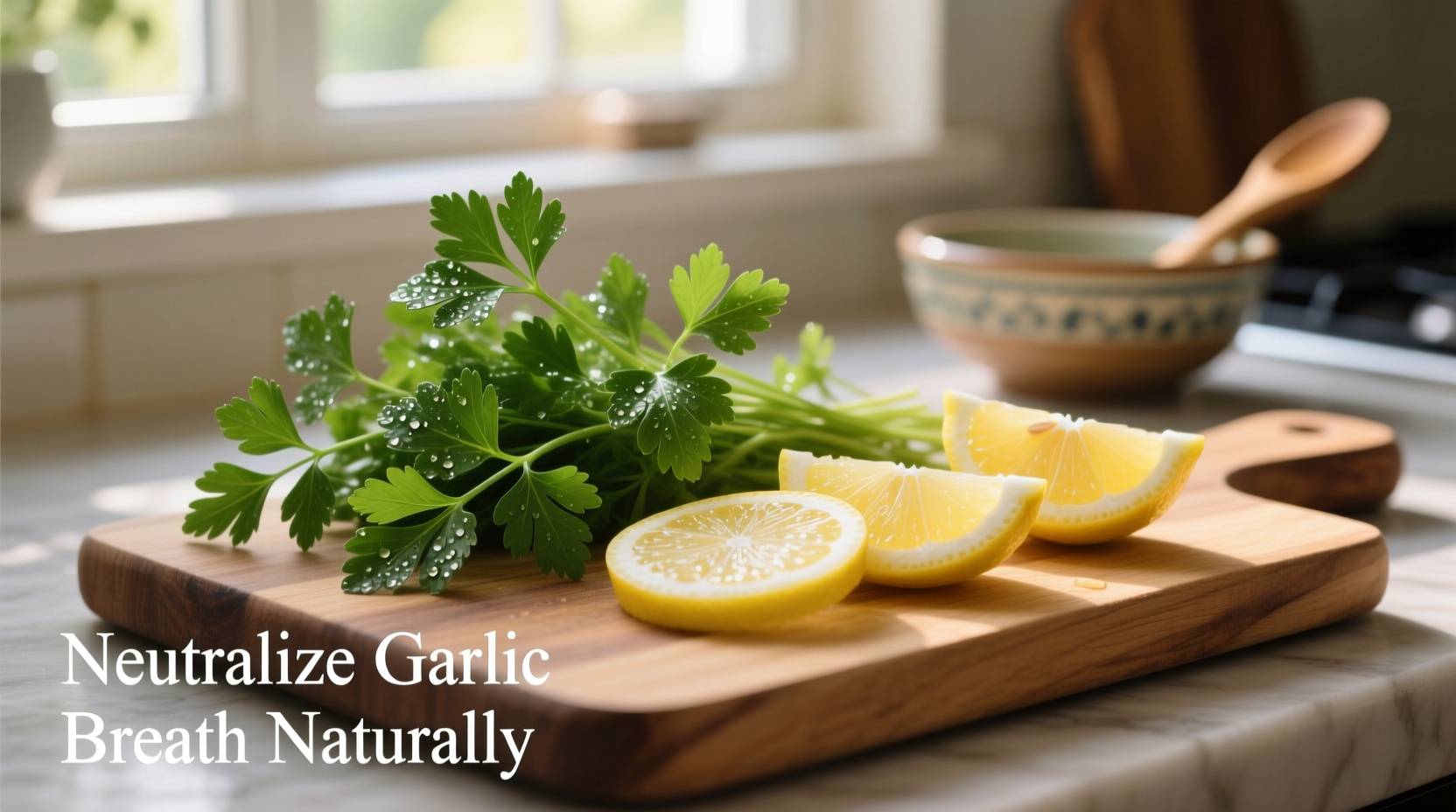 Fresh parsley and lemon slices for neutralizing garlic breath